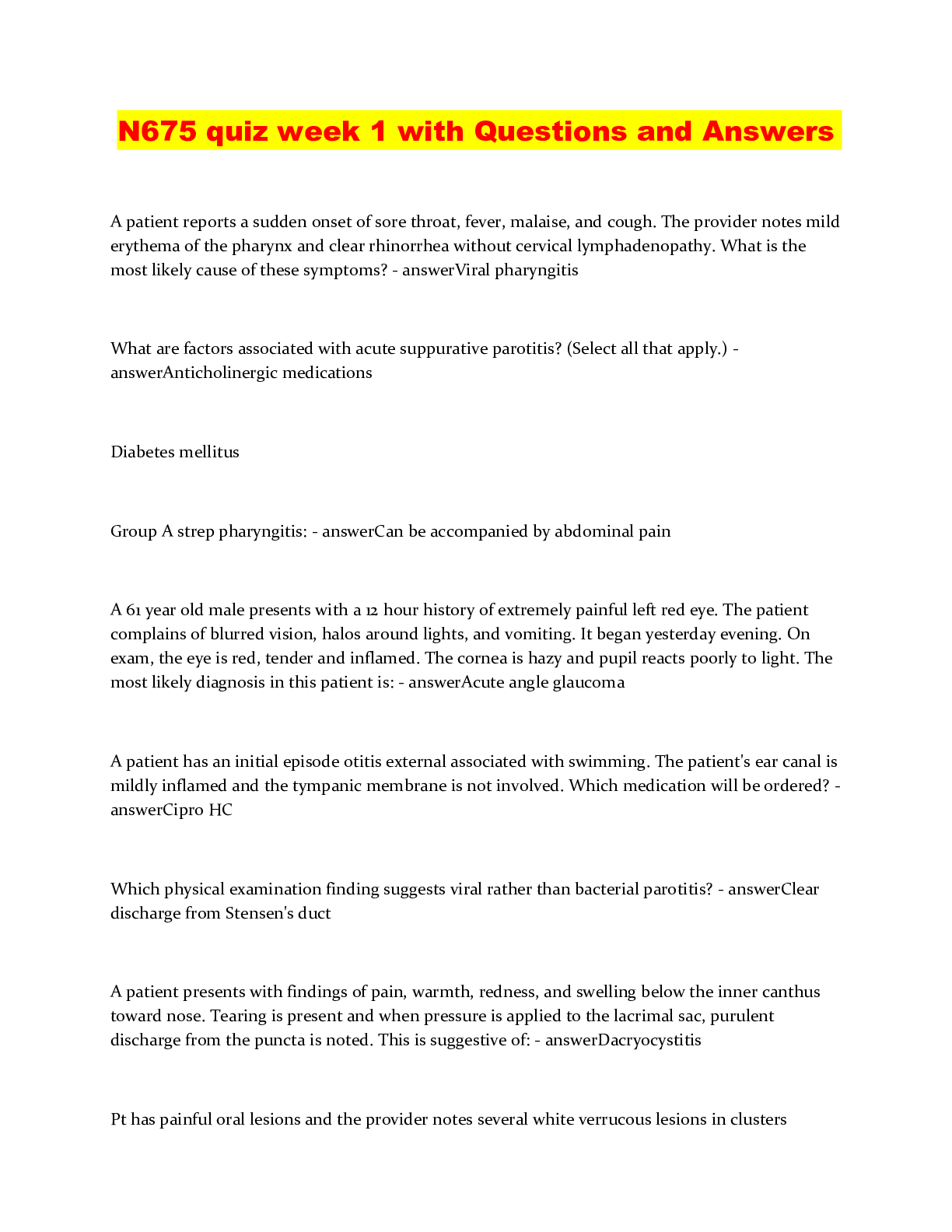 Preview of N675 quiz week 1 with Questions and Answers